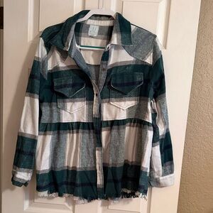 Plaid Flannel Button-Up Blouse - Green and White